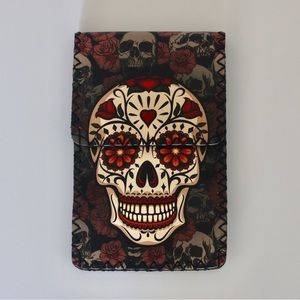 Sugar skull bag with black stitching